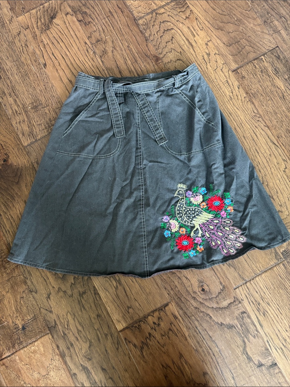 Upcycled Embroidered Peacock Denim Wrap Skirt - Charcoal